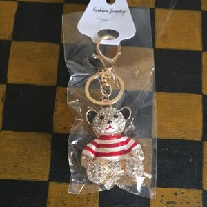 Fashion Jewelry Gold Teddy Bear Keychain with Red & White Striped Sweater